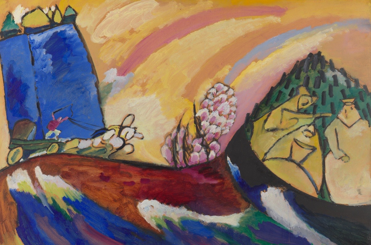 Obraz Wassily'ego Kandinsky'ego „Obraz z trojką” (1911): niebieska góra, różowe łuki nieba i czerwono-niebieska ziemia